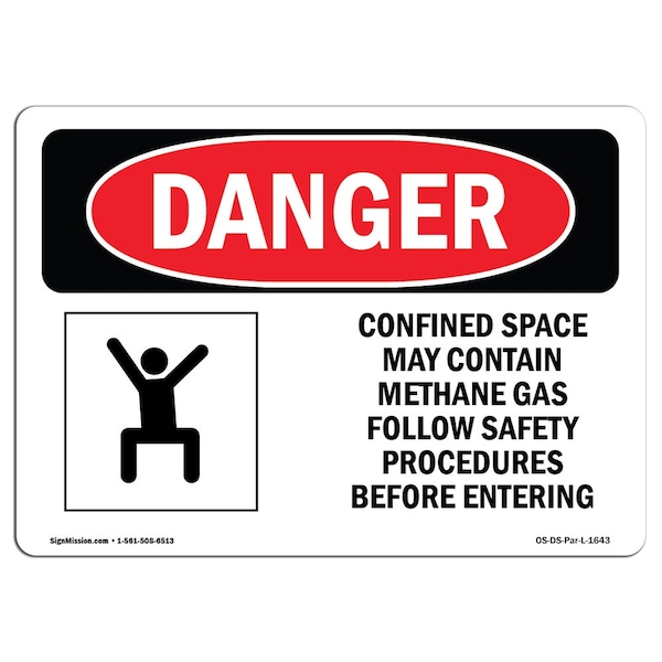 OSHA, Confined Space May Contain Methane Gas, 18in X 12in Rigid Plastic, 18" W, 12" H, Landscape